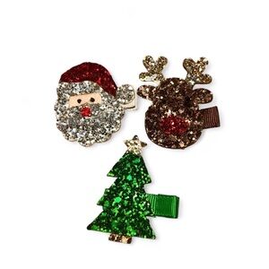 Festive Glitter Hair Clips Set - Santa, Reindeer, and Tree